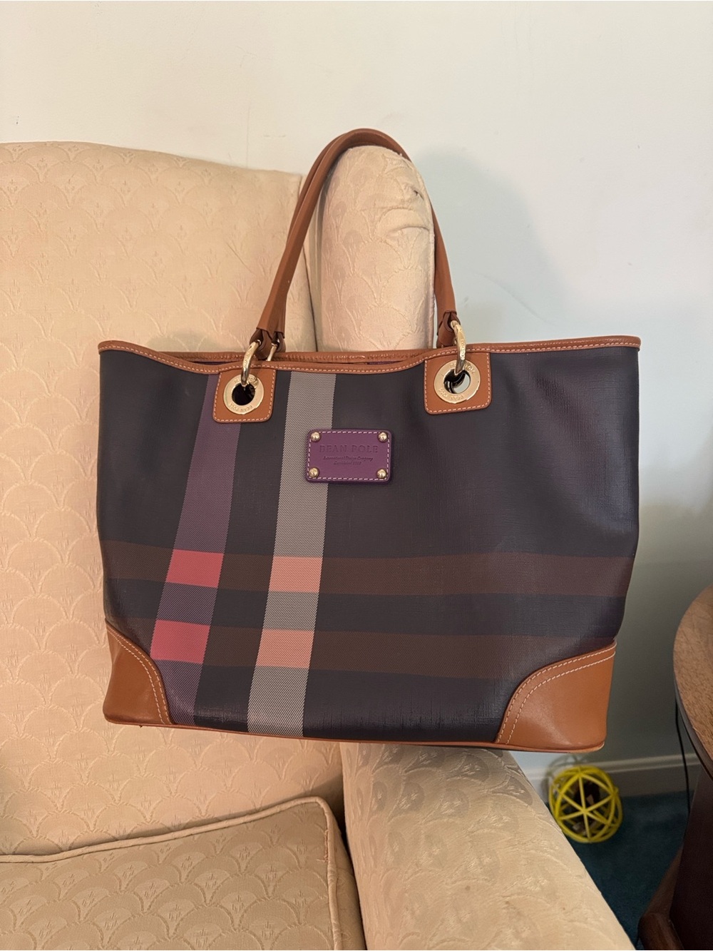 Plaid Canvas Tote with Brown Trim by Bean Pole
